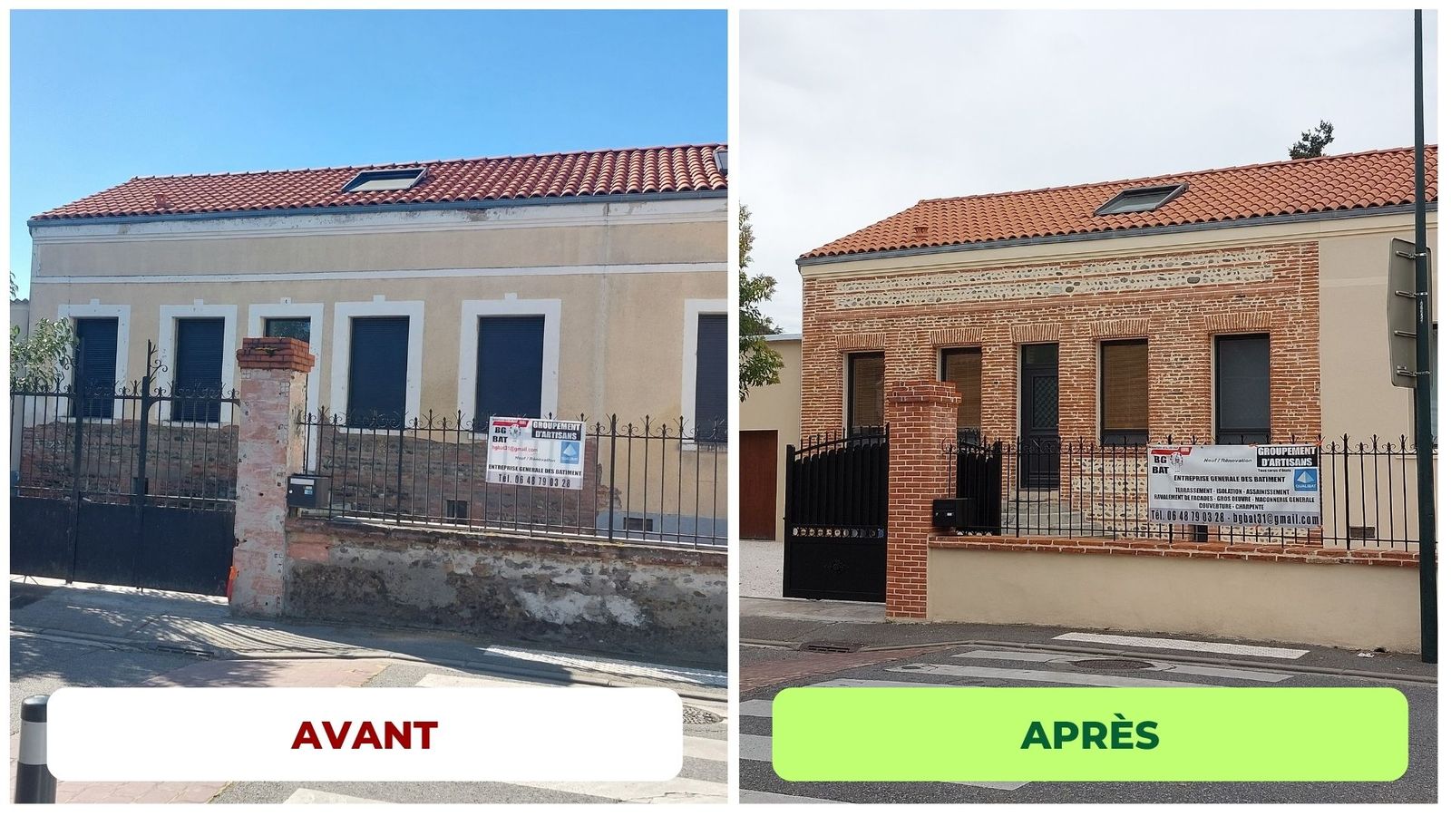 Avant après ravalement de façade en brique toulousaine réalisé par RGBAT