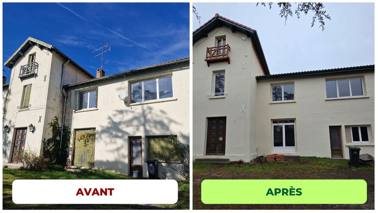 Avant après rénovation complète d'une maison ancienne avec enduit neuf