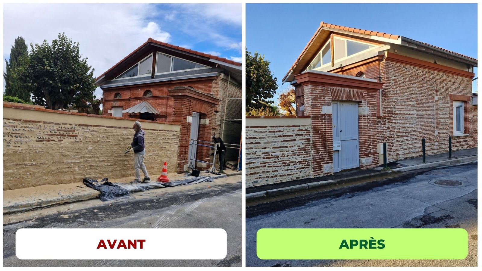 Avant après restauration d'un mur en galets et brique par RGBAT en Haute-Garonne